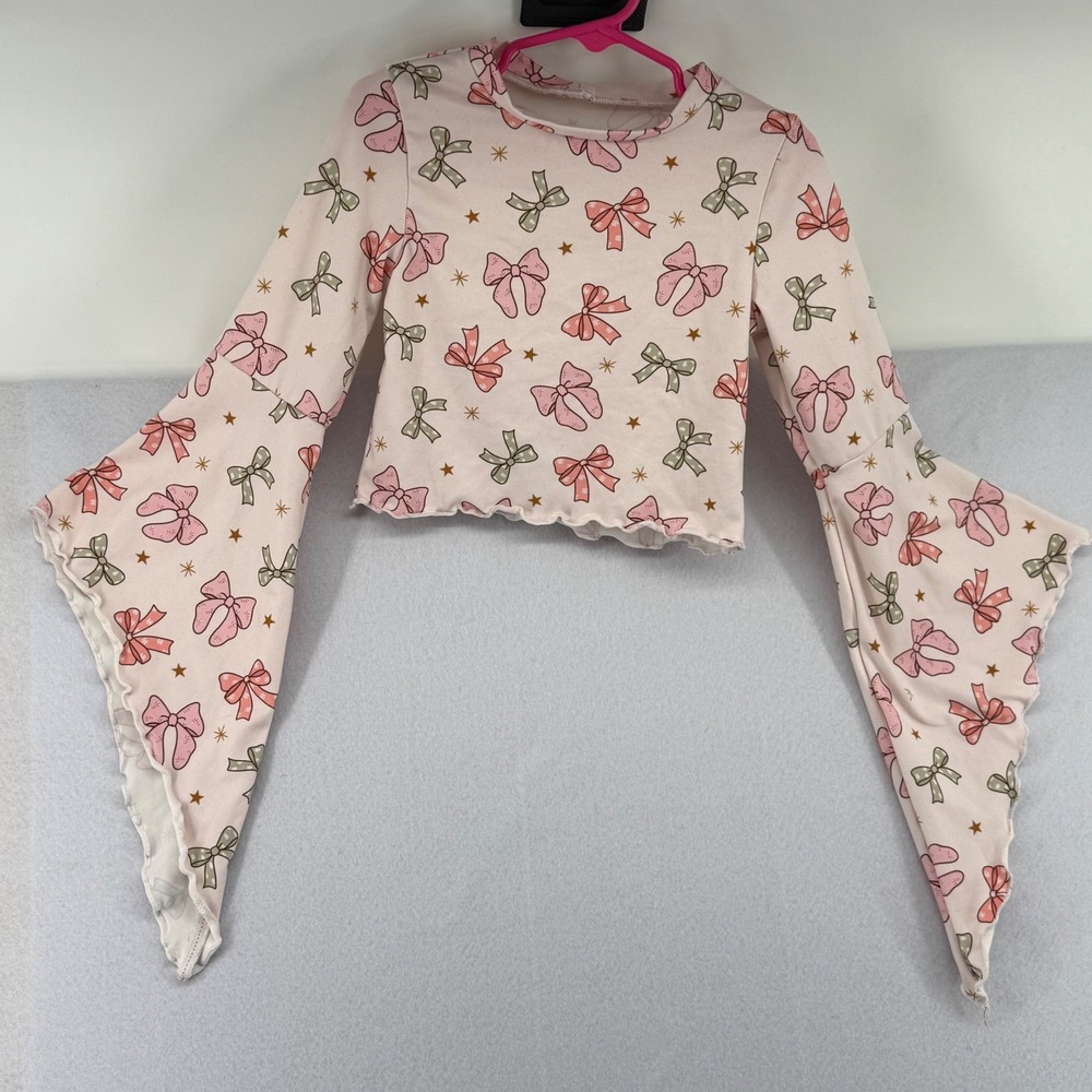 Girls Pink Bow Print Crop Top Flared Bell Sleeve Lettuce Edge Custom 4T